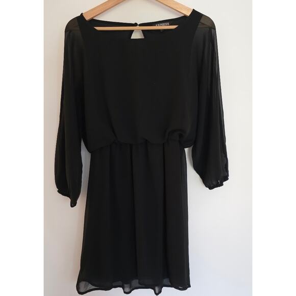 Express Black Sheer Sleeve Mini Dress Knee Size S Elastic Waist Keyhole Back - Picture 3 of 16